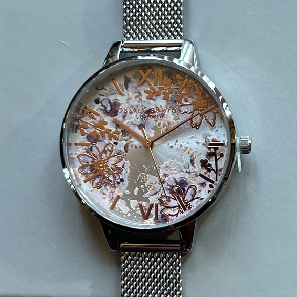 Olivia Burton Abstract Florals Watch With 34mm Silver Face & Silver MeshBracelet - Picture 1 of 8